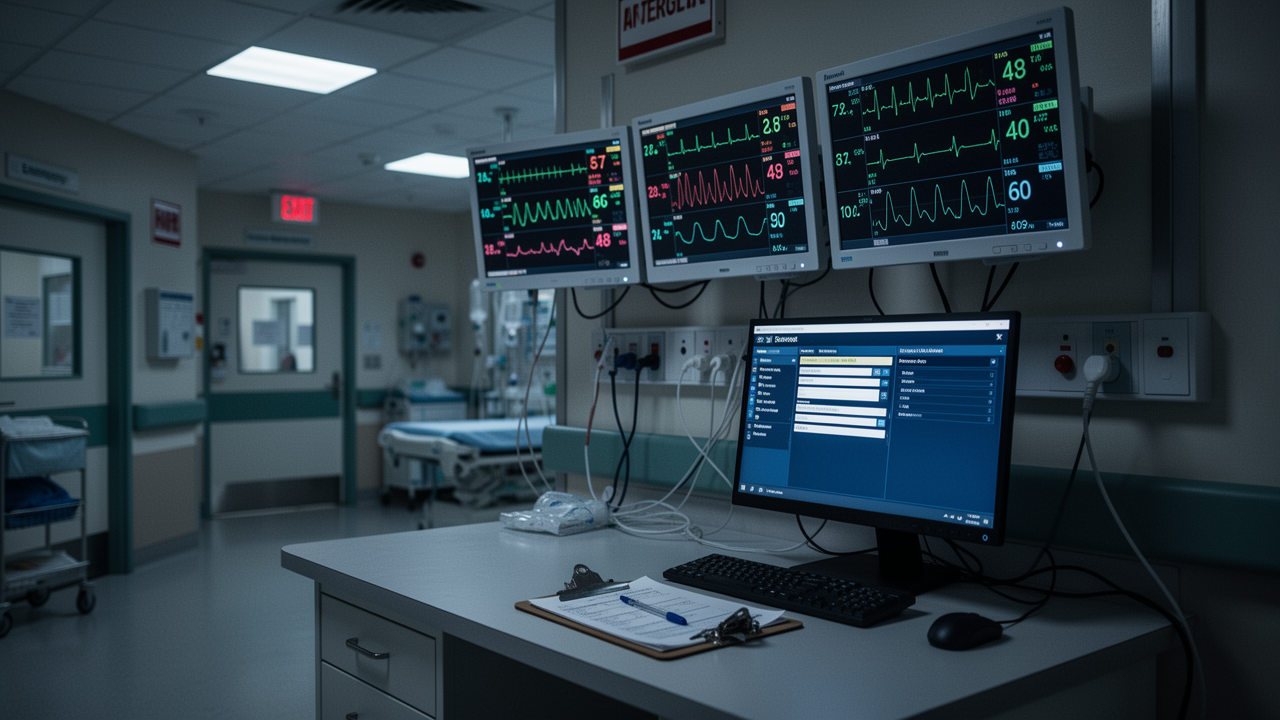 An empty hospital emergency triage station at night, medical monitors showing vital signs, a diagnostic computer terminal on the desk, dim clinical lighting, no people present.