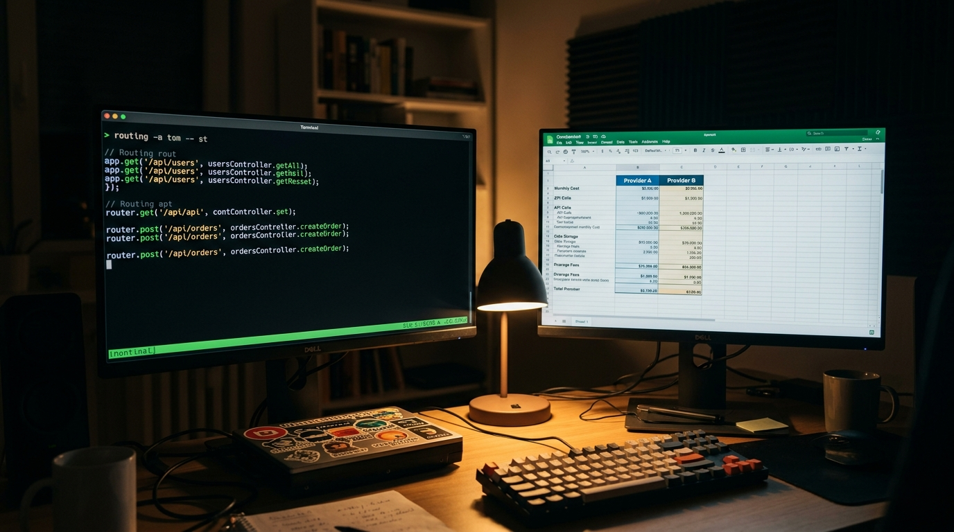 A home developer workstation at night with dual monitors showing API routing configuration code and a cost comparison spreadsheet, dim desk lamp, personal lab setup, no people.