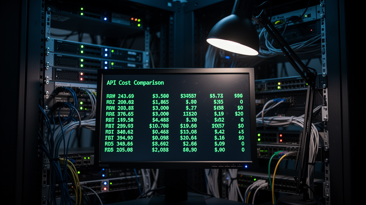 A terminal monitor in a dark server room displaying API pricing comparison data in green text, server rack hardware with blinking LEDs in the background, dim ambient lighting.