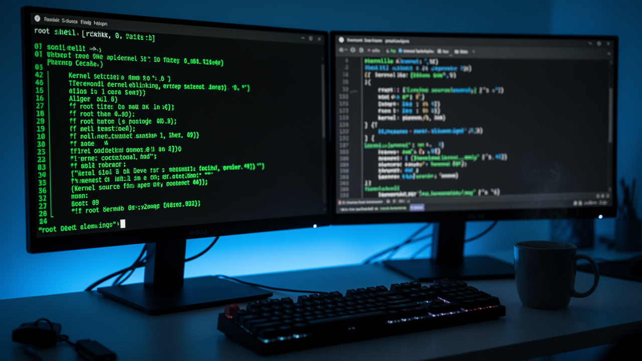 Dark terminal screen showing a root shell prompt, with kernel source code diff on a second monitor, lit only by cold monitor glow.