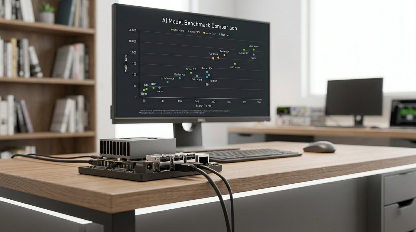 A Jetson Orin Nano single-board computer on a home lab desk with a monitor in the background showing an AI model benchmark comparison chart, cool ambient LED lighting, no people.