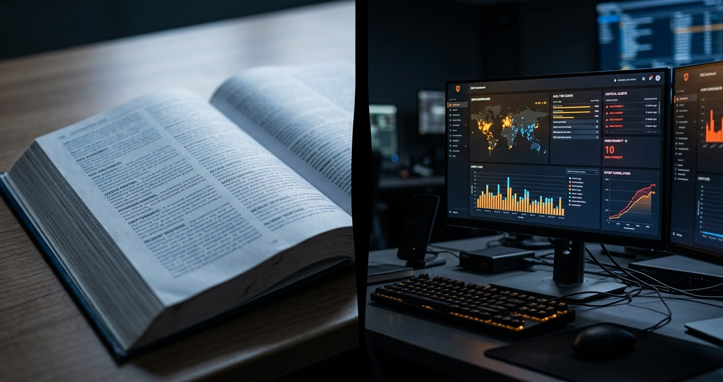 A split image showing a security certification study guide on the left and a live SOC SIEM dashboard on the right, representing the gap between certification knowledge and operational security work.