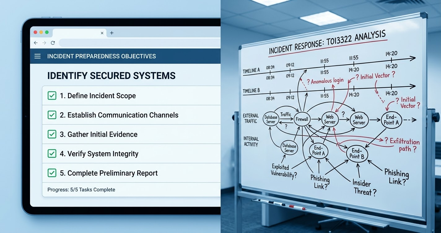 A split image contrasting a structured guided task interface on the left with a complex, unresolved incident timeline on the right, illustrating the gap between training environments and real incident response.