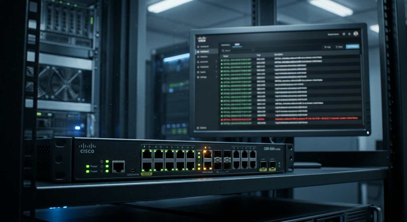 Network router in a server room with a SIEM dashboard in the background showing an anomalous traffic alert.