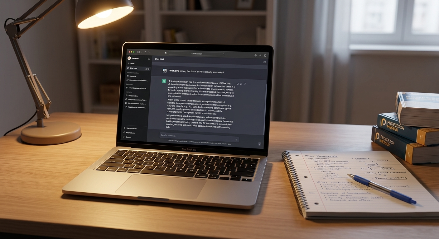 A laptop showing an AI chat interface beside handwritten study notes, representing active AI-assisted learning rather than passive answer-seeking.