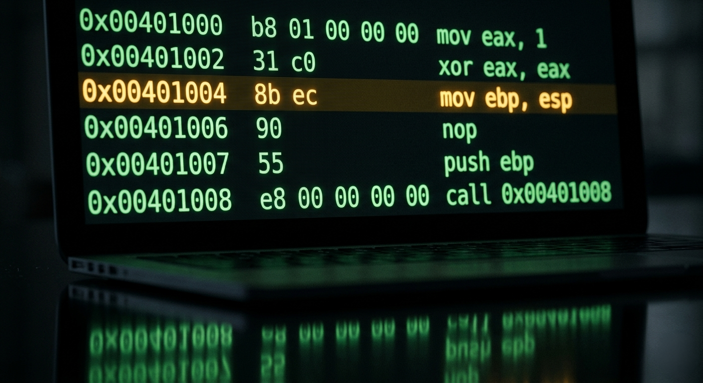 Terminal screen displaying x86 assembly opcodes alongside their mnemonics, with one instruction highlighted as the current execution point.
