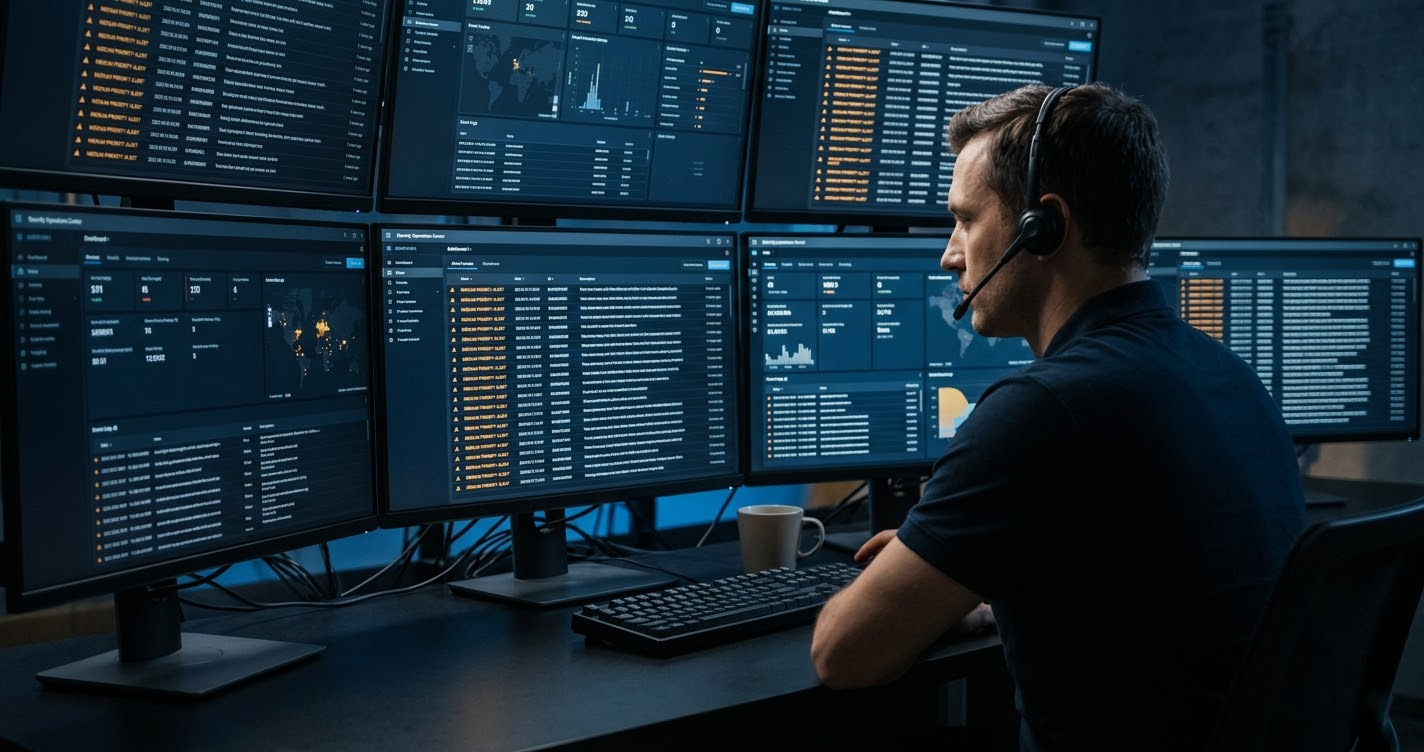 A security analyst at a dimly lit workstation with multiple monitors displaying alert queues, representing the calibration challenge of the first 90 days in a SOC role.