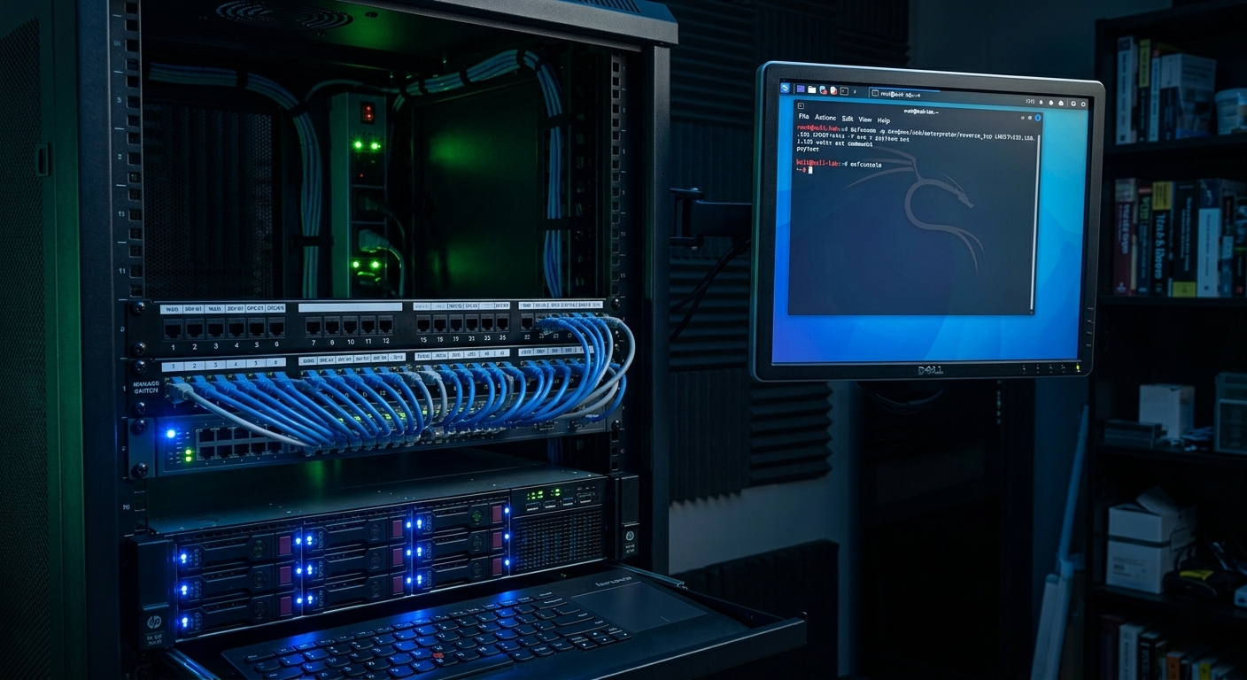 A homebuilt rack server in a home cybersecurity lab with a Kali Linux terminal open on a monitor.