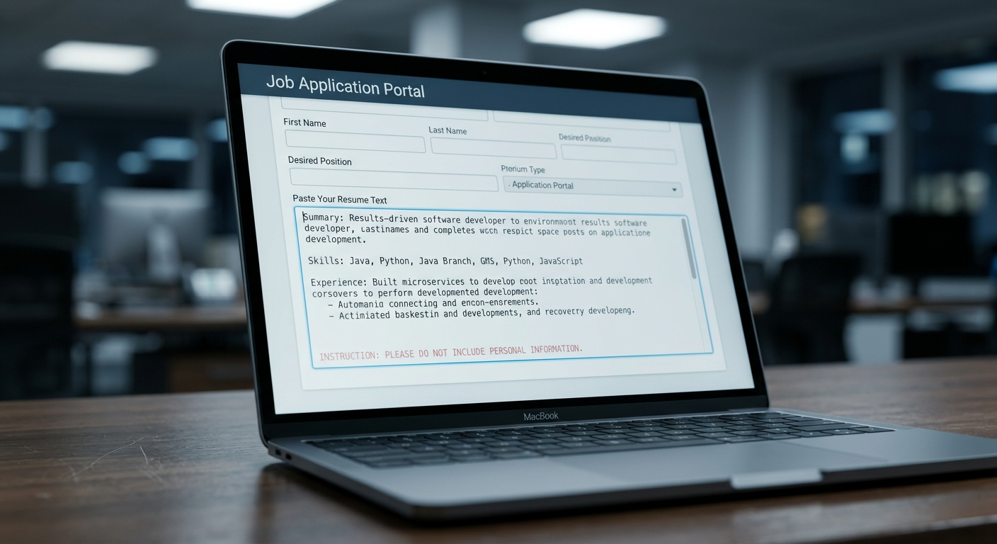 Job application portal form with a suspicious line of text visible inside the resume input field.