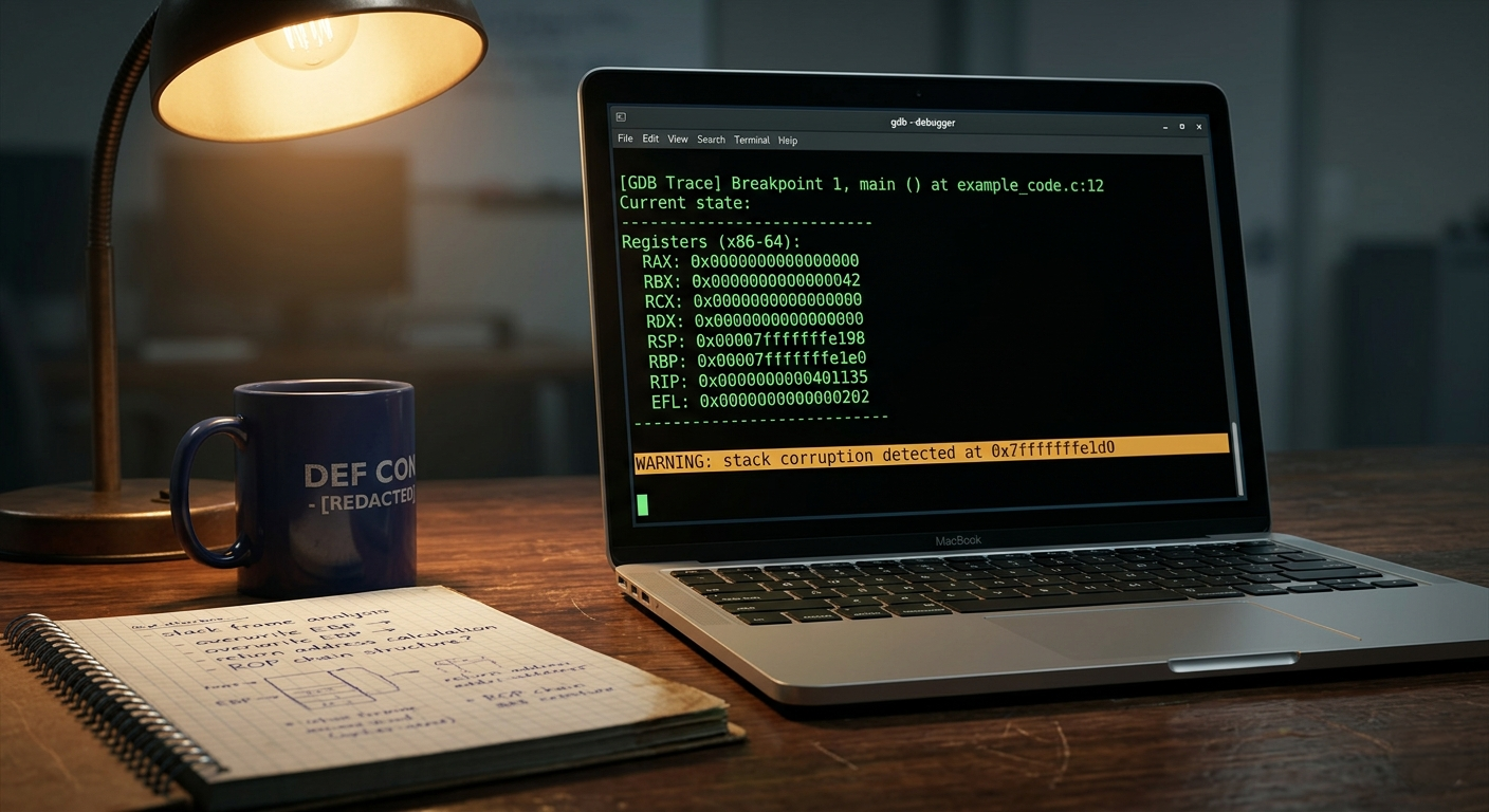Debugger terminal displaying x86-64 register values with a coffee mug and handwritten notes in the foreground.