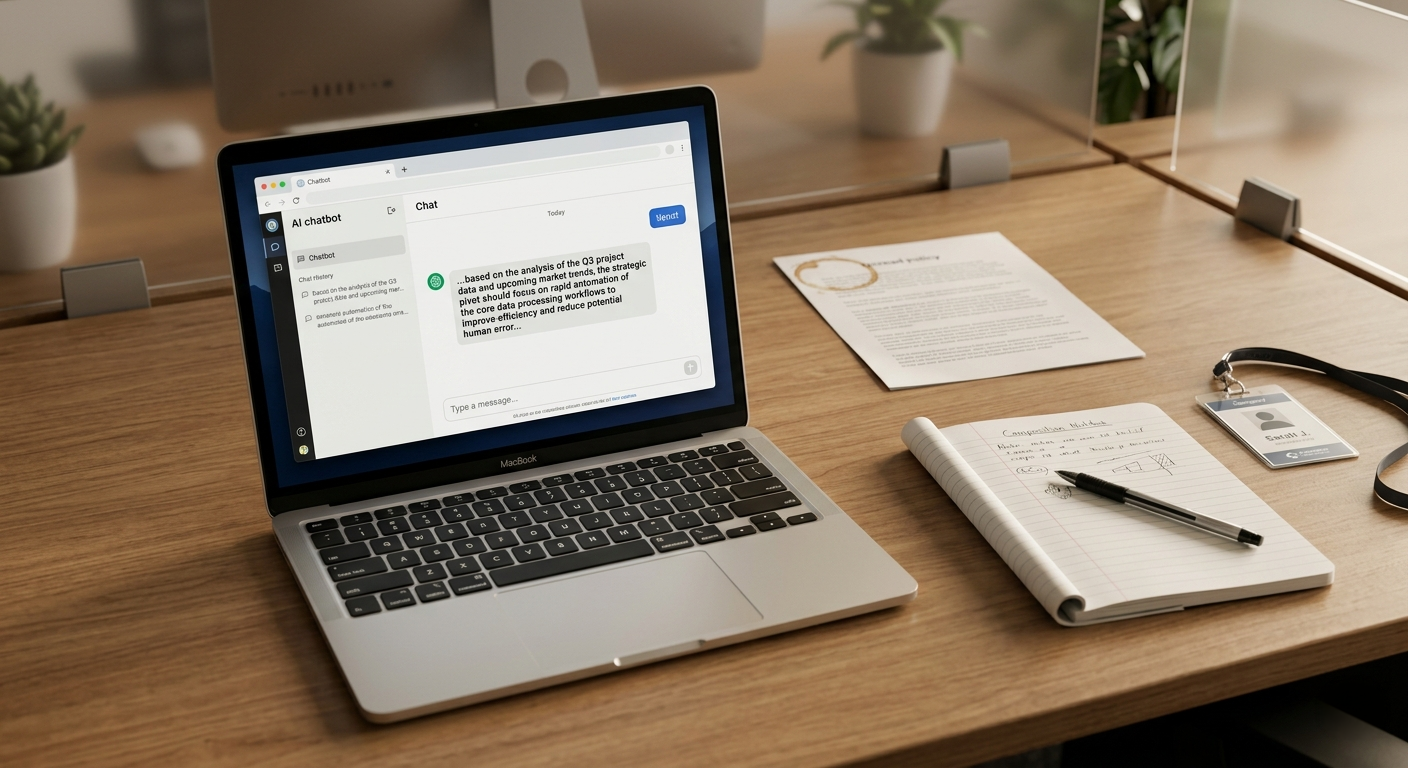Office laptop open to an AI chat interface beside an unread IT policy document