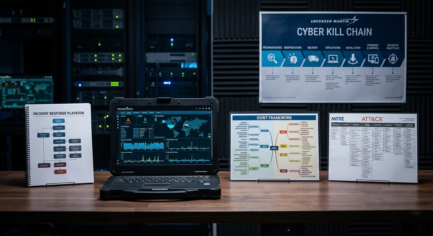 Five cybersecurity tools laid out on a workbench: a playbook, Security Onion dashboard, OSINT Framework, MITRE ATT&CK matrix, and the Lockheed Martin Kill Chain poster.