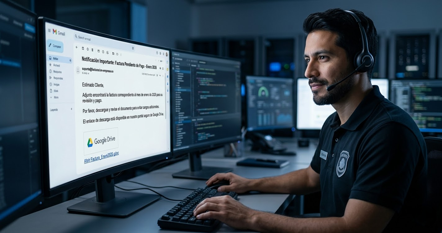 A cybersecurity analyst carefully reviewing a Spanish-language phishing email on a monitor, representing the detection advantage of bilingual security professionals.
